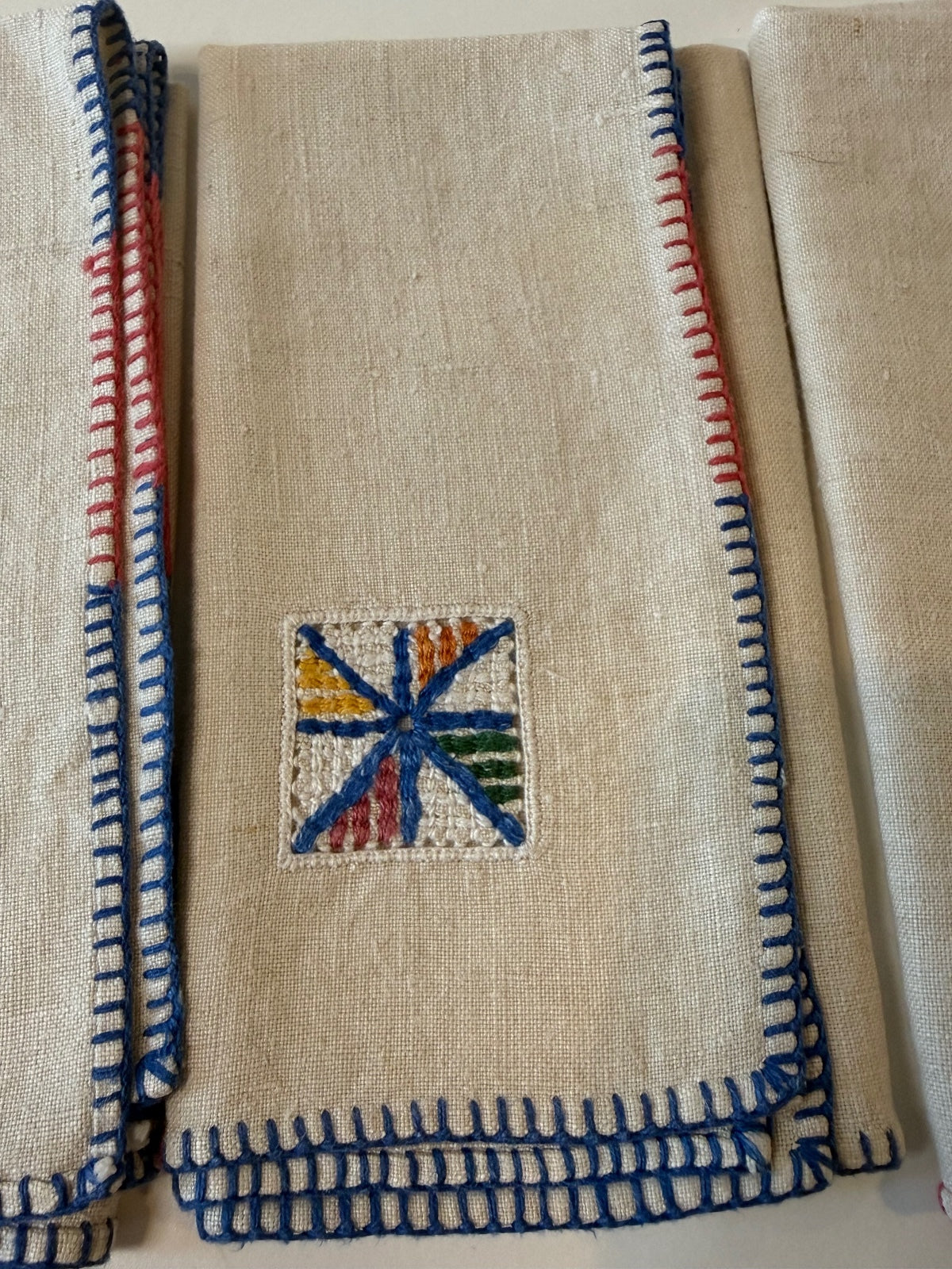 Vintage Linen Cocktail Napkins Set of 6 Embroidered Red Blue Stitching