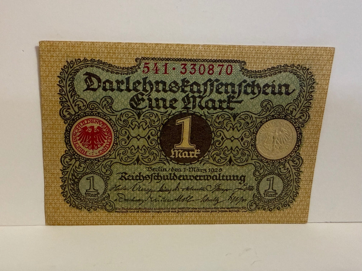 1920 Germany 1 Mark Reichskassenschein German Empire Currency Note - 110