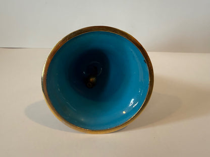 Vintage Blue Cloisonne Style Brass Bell Ornament Gold Enamel 3.5” Hanging
