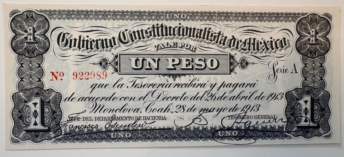 1913 Mexico 1 Peso Gobierno Constitucionalista Monclova Revolution P-S625