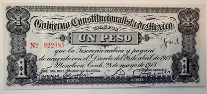 1913 Mexico 1 Peso Gobierno Constitucionalista Monclova Revolution P-S625