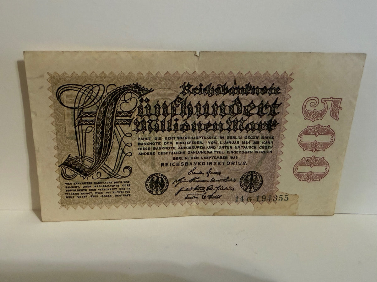 1923 Germany 500 Million Mark Reichsbanknote Hyperinflation Currency - 15