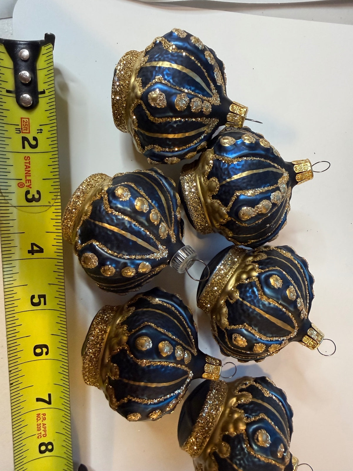 6 Vintage Blue Gold Glass Christmas Ornaments Glitter Molded Set – alternate product view 11 of 11