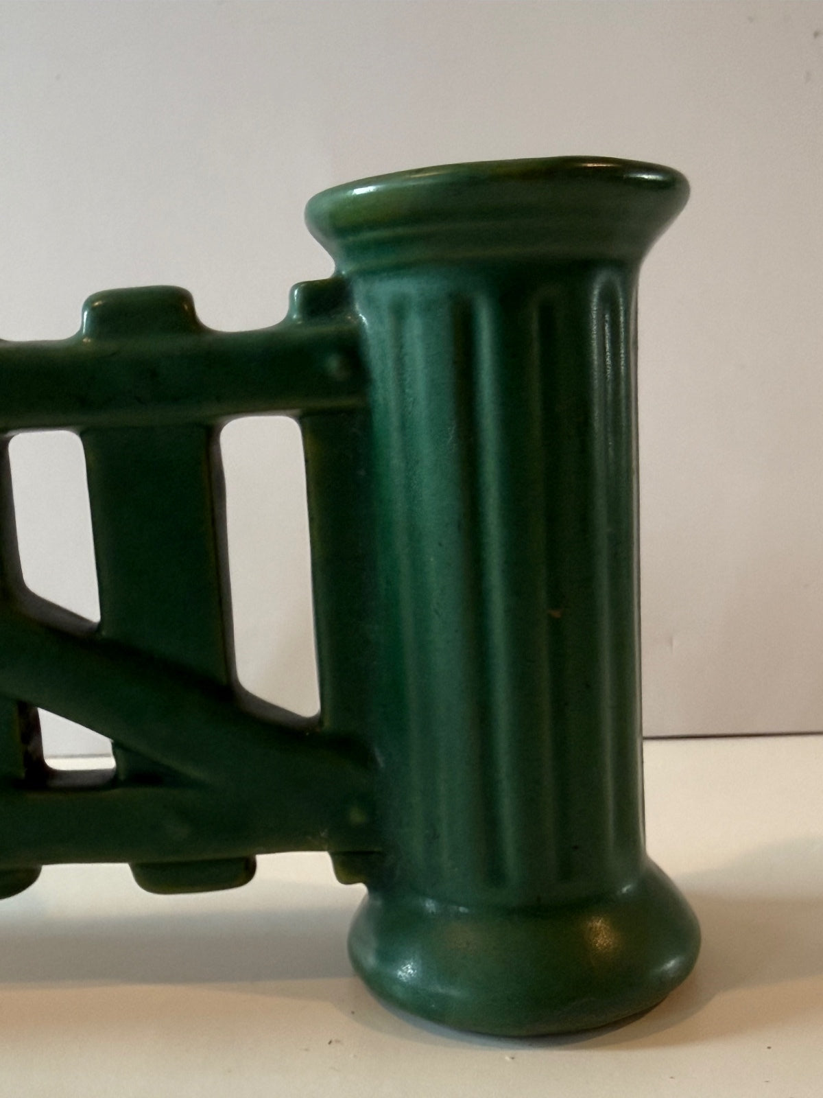 Antique Roseville Matte Green Gate Double Bud Vase — product photograph 4