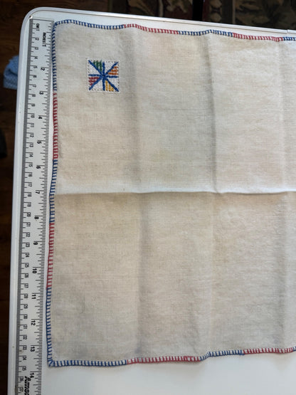 Vintage Linen Cocktail Napkins Set of 6 Embroidered Red Blue Stitching