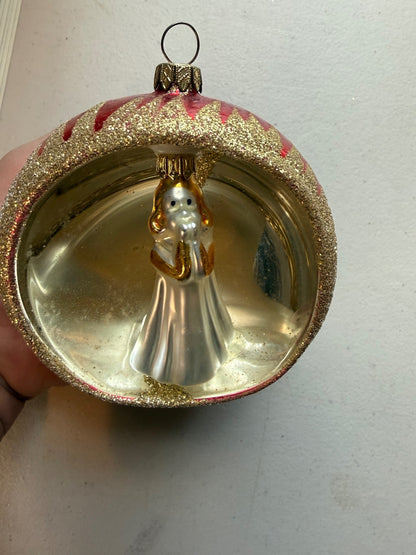 Vintage Germany Glass Diorama Angel Christmas Ornament Red Gold 4”