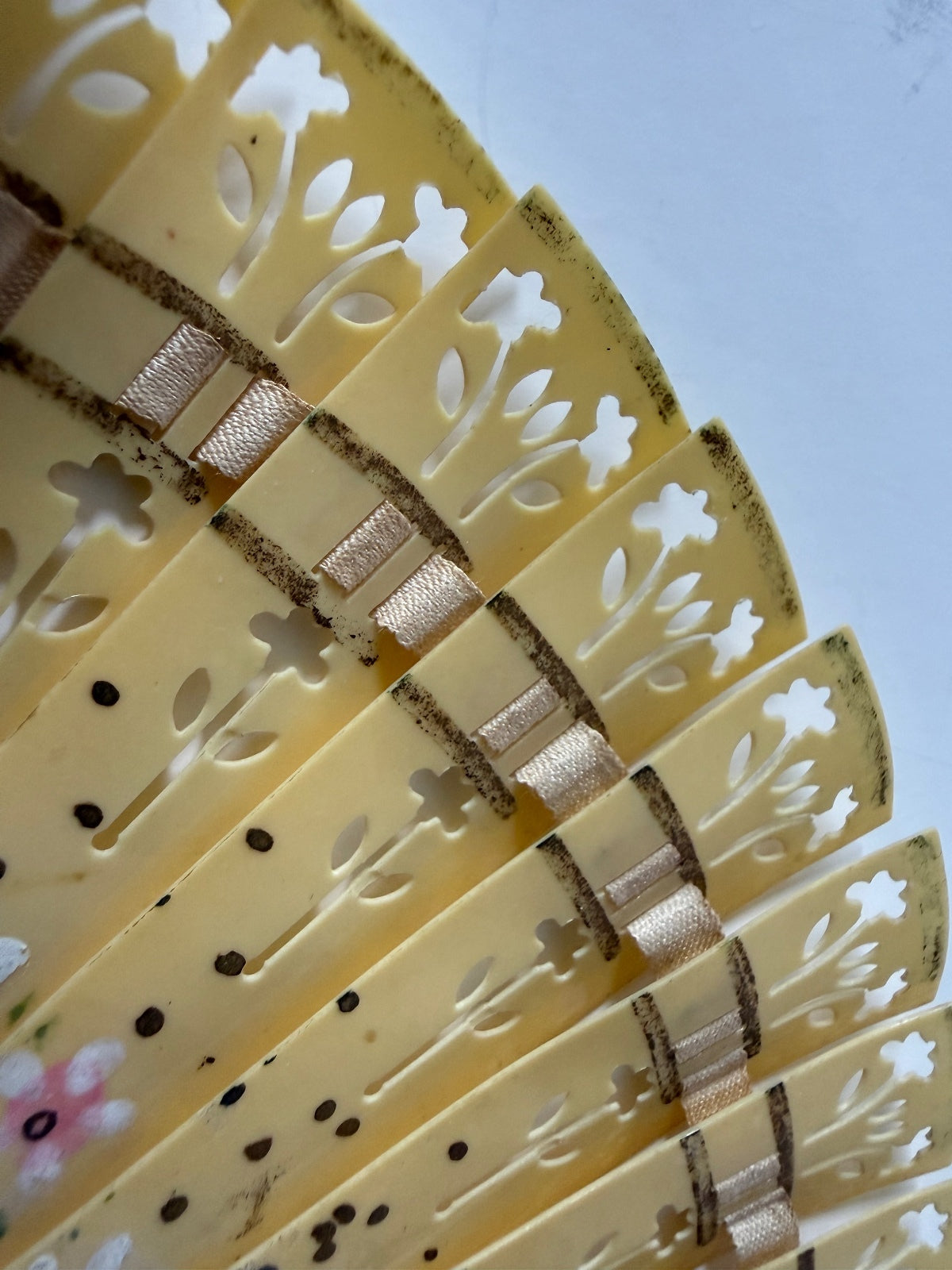 Vintage Japanese Celluloid Folding Hand Fan Hand Painted Floral Pierced Design