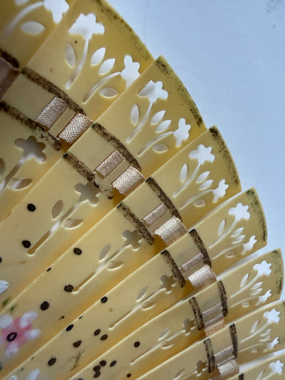 Vintage Japanese Celluloid Folding Hand Fan Hand Painted Floral Pierced Design
