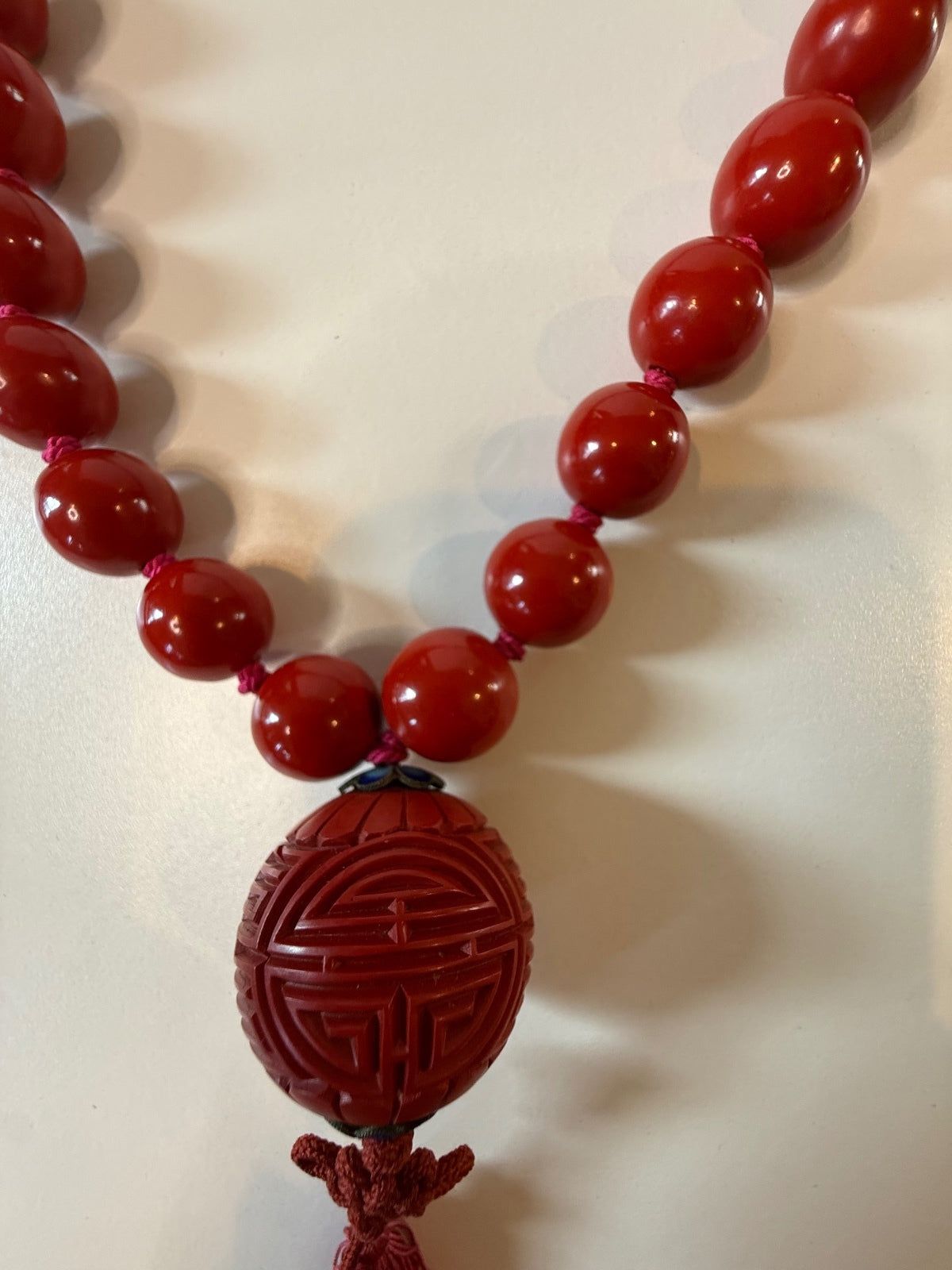 Vintage Chinese Red Bead Cinnabar Shou Necklace SILVER Clasp Tassel 30” – alternate product view 2 of 8