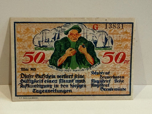 1921 Germany Bremerhaven 50 Pfennig Notgeld Maritime Fisherman Ships