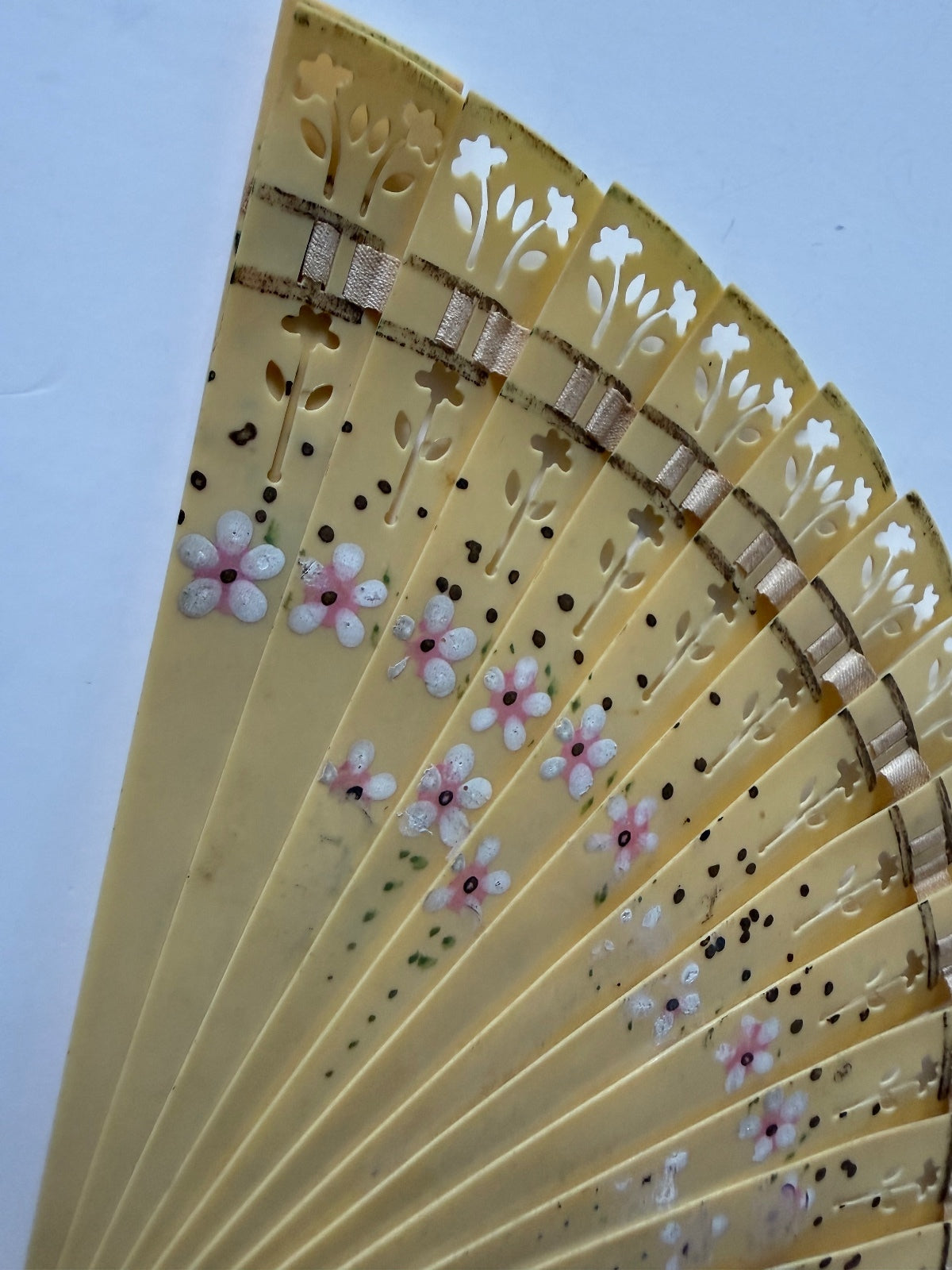 Vintage Japanese Celluloid Folding Hand Fan Hand Painted Floral Pierced Design