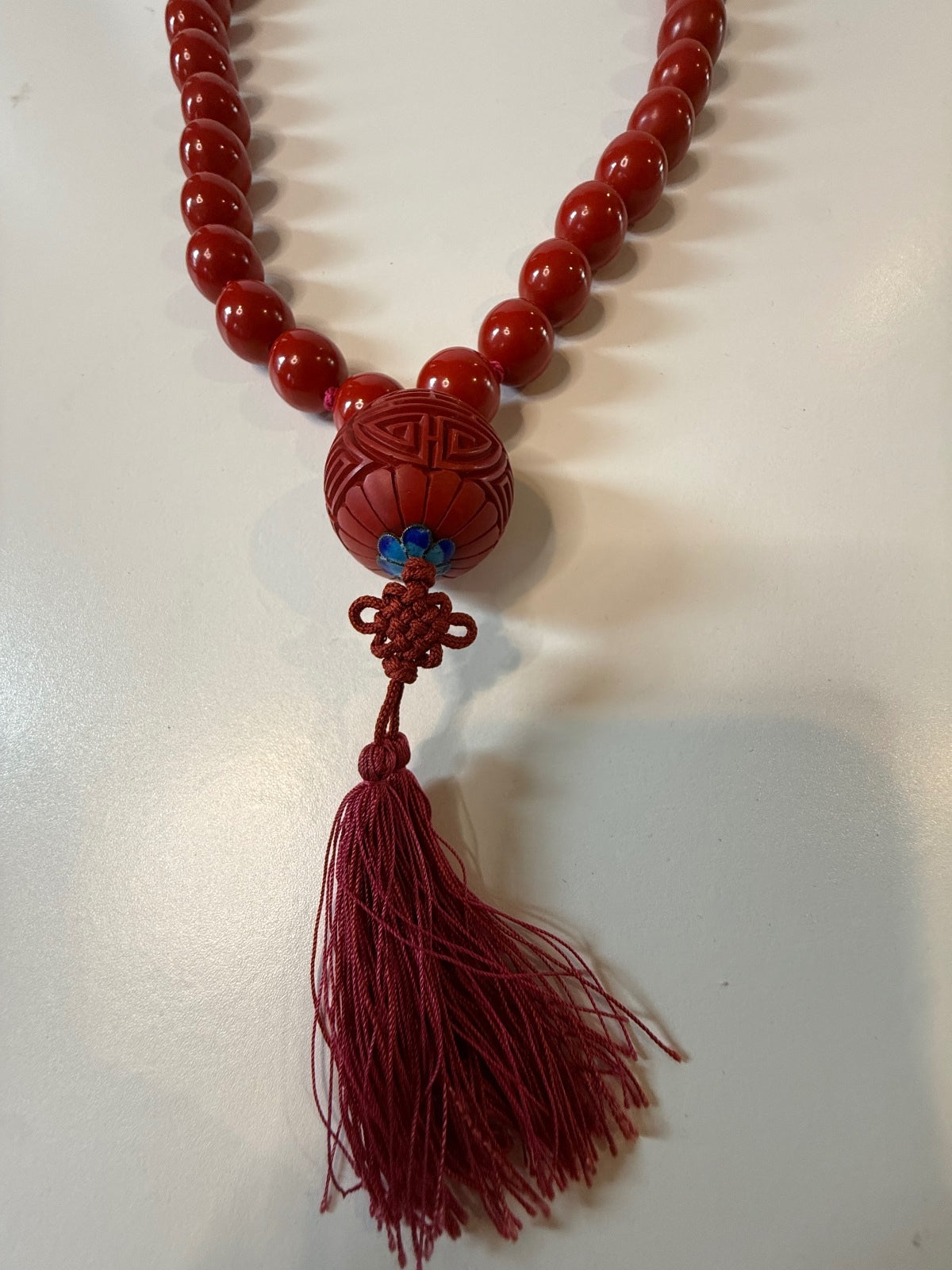 Vintage Chinese Red Bead Cinnabar Shou Necklace SILVER Clasp Tassel 30” – alternate product view 3 of 8