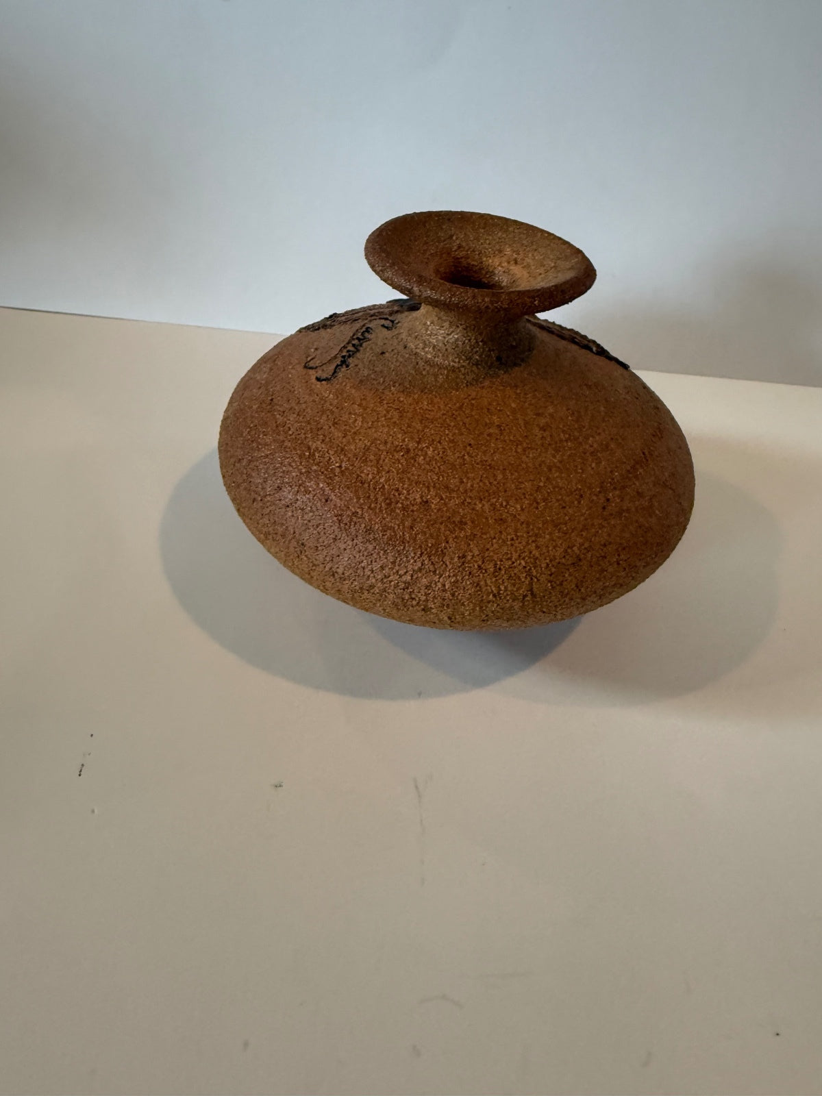 Signed Studio Pottery Vase Applied Floral Relief Art Pottery Rustic 5” Vase