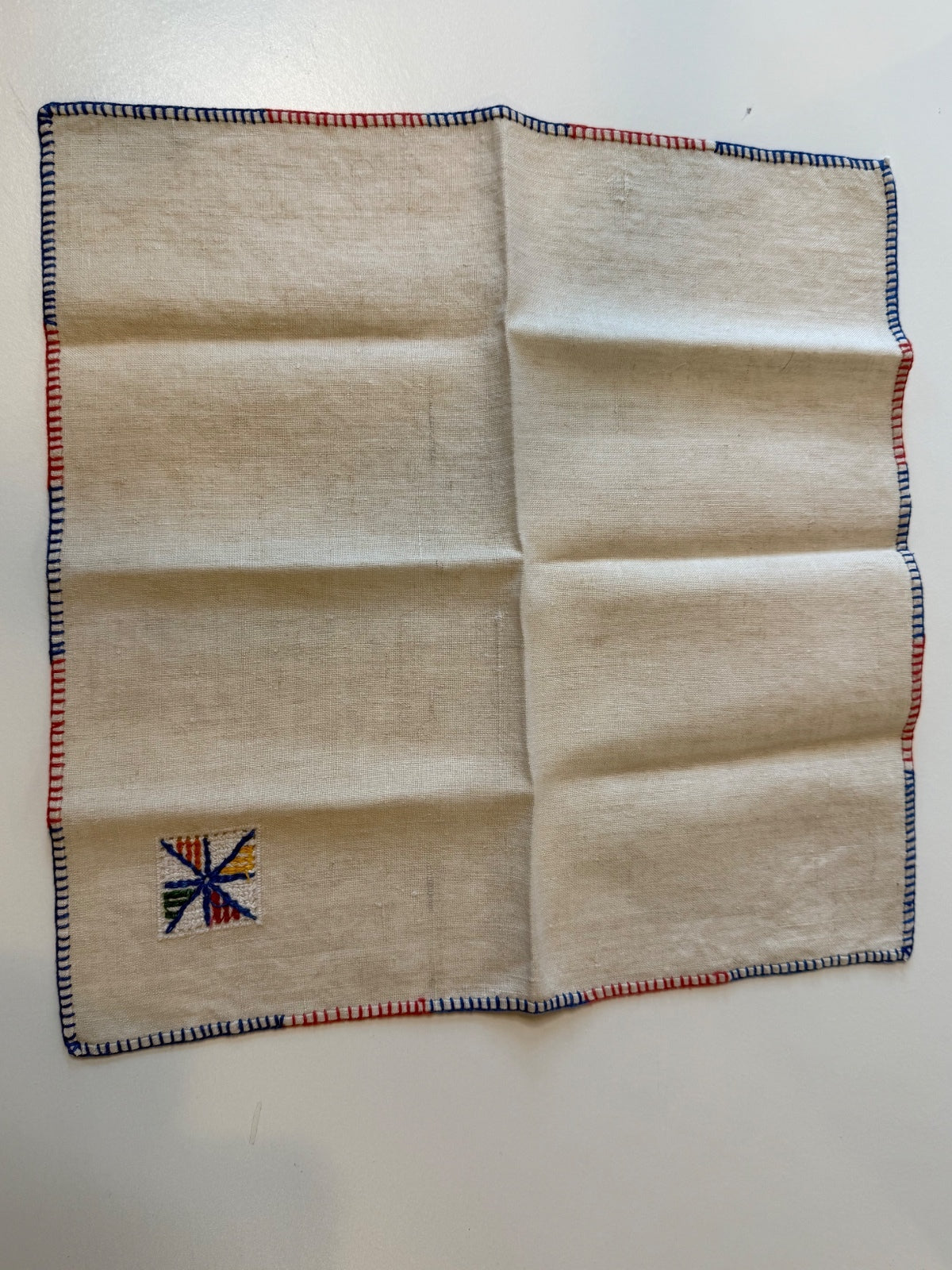 Vintage Linen Cocktail Napkins Set of 6 Embroidered Red Blue Stitching