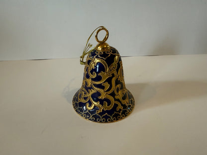 Vintage Blue Cloisonne Style Brass Bell Ornament Gold Enamel 3.5” Hanging