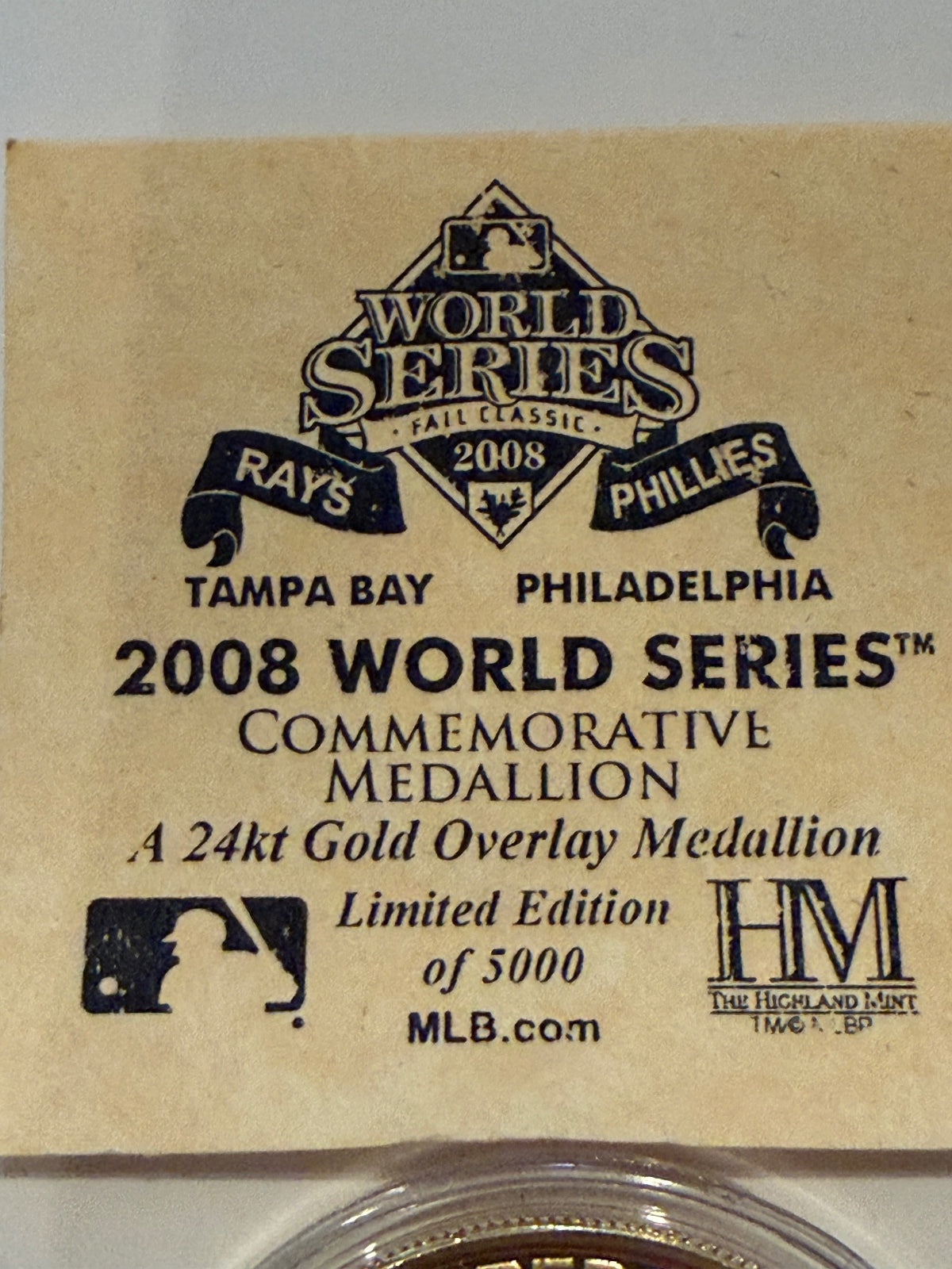 2008 Phillies Rays World Series Highland Mint 24K Gold Overlay Medallion /5000