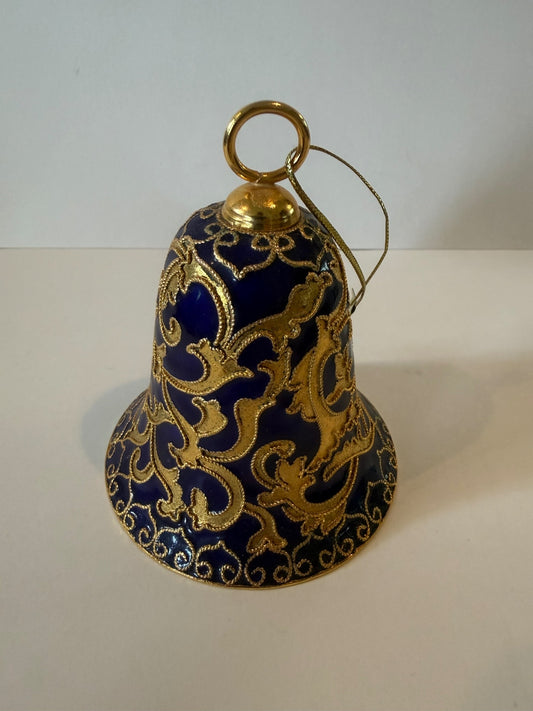 Vintage Blue Cloisonne Style Brass Bell Ornament Gold Enamel 3.5” Hanging