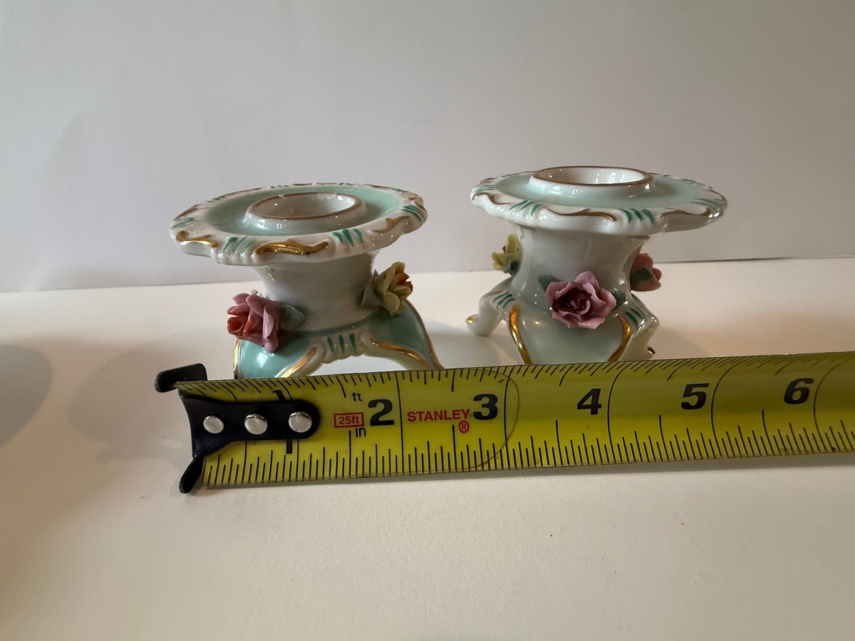 Vintage German Dresden-Style Rose Candlestick Holders Pair — product photograph 6