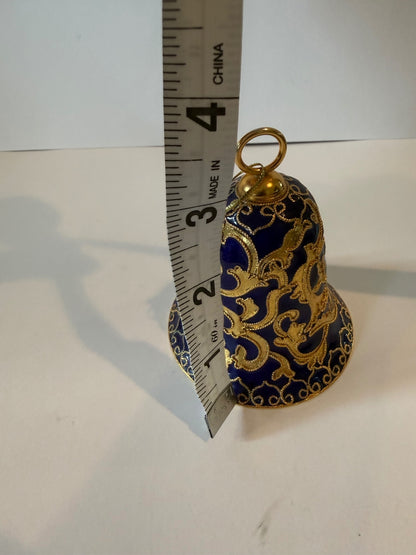 Vintage Blue Cloisonne Style Brass Bell Ornament Gold Enamel 3.5” Hanging