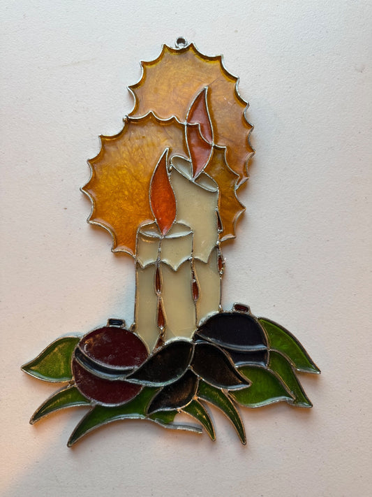 Vintage Plastic Resin Christmas Candle Holly Suncatcher Window Decor 12”