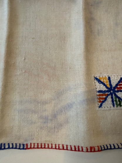 Vintage Linen Cocktail Napkins Set of 6 Embroidered Red Blue Stitching