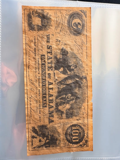 Confederate States of America $100 Note T-65 Jan 18 1864 Alabama CSA Currency