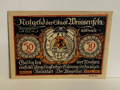 1921 Weißenfels Germany 50 Pfennig Notgeld – Shoe Industry Theme - 249