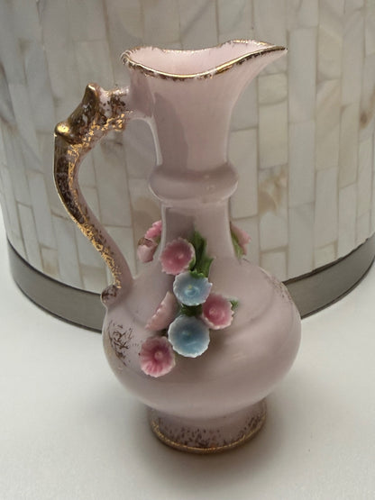 Vintage Lefton China Pink Floral Pitcher Vase Hand Painted Japan 4” – alternate product view 3 of 7