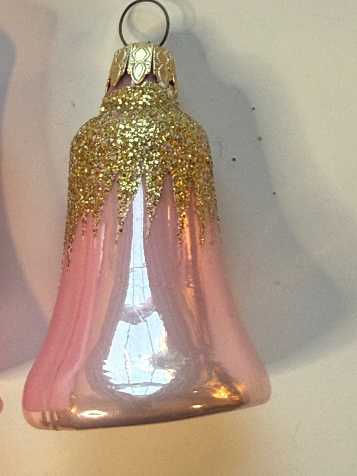 2 Vintage West Germany Pink Glass Bell Christmas Ornaments Glitter – alternate product view 3 of 13