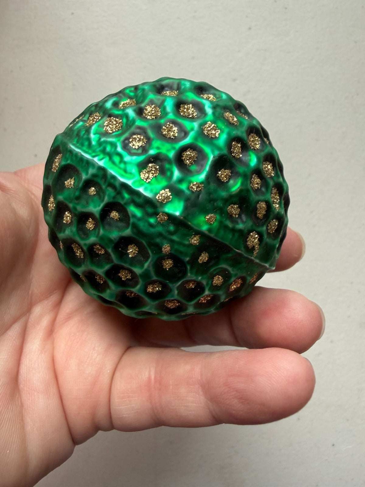Vintage Germany Green Glass Hobnail Christmas Ornament Gold Glitter 3”