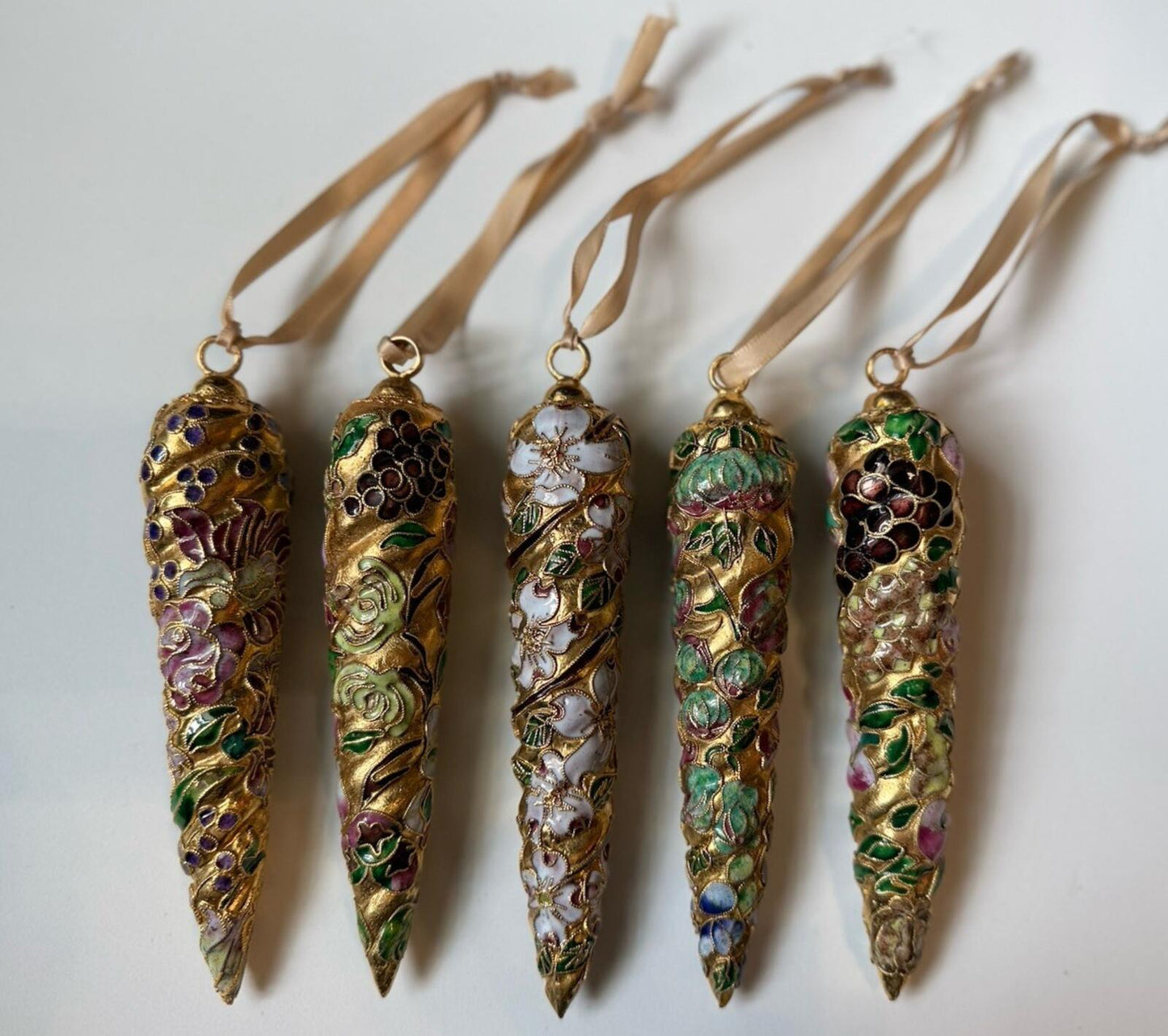 Vintage Cloisonné Style Christmas Ornaments Icicle Drop Set 5 Gold Enamel Floral
