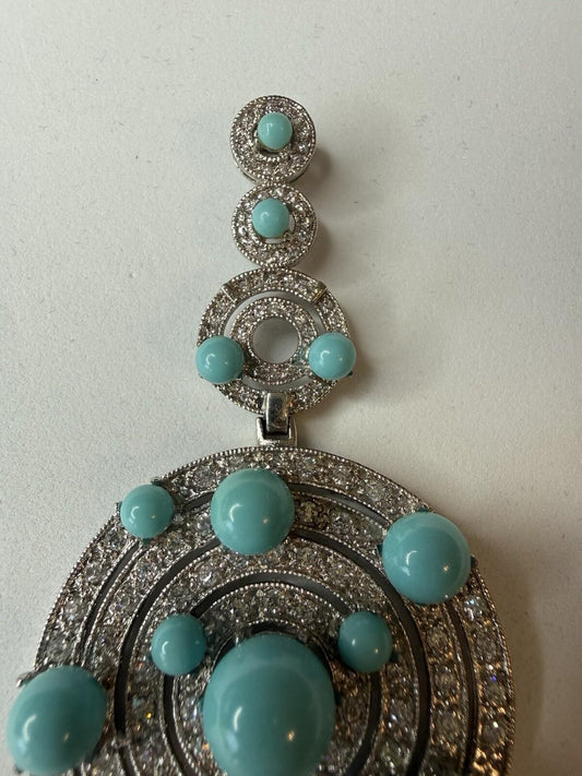 Vintage Style Rhodium Plated Turquoise Color Cabochon CZ Large Pendant
