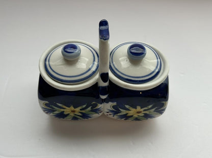 Ceramic Double Condiment Jar With Blue And Yellow Flowers