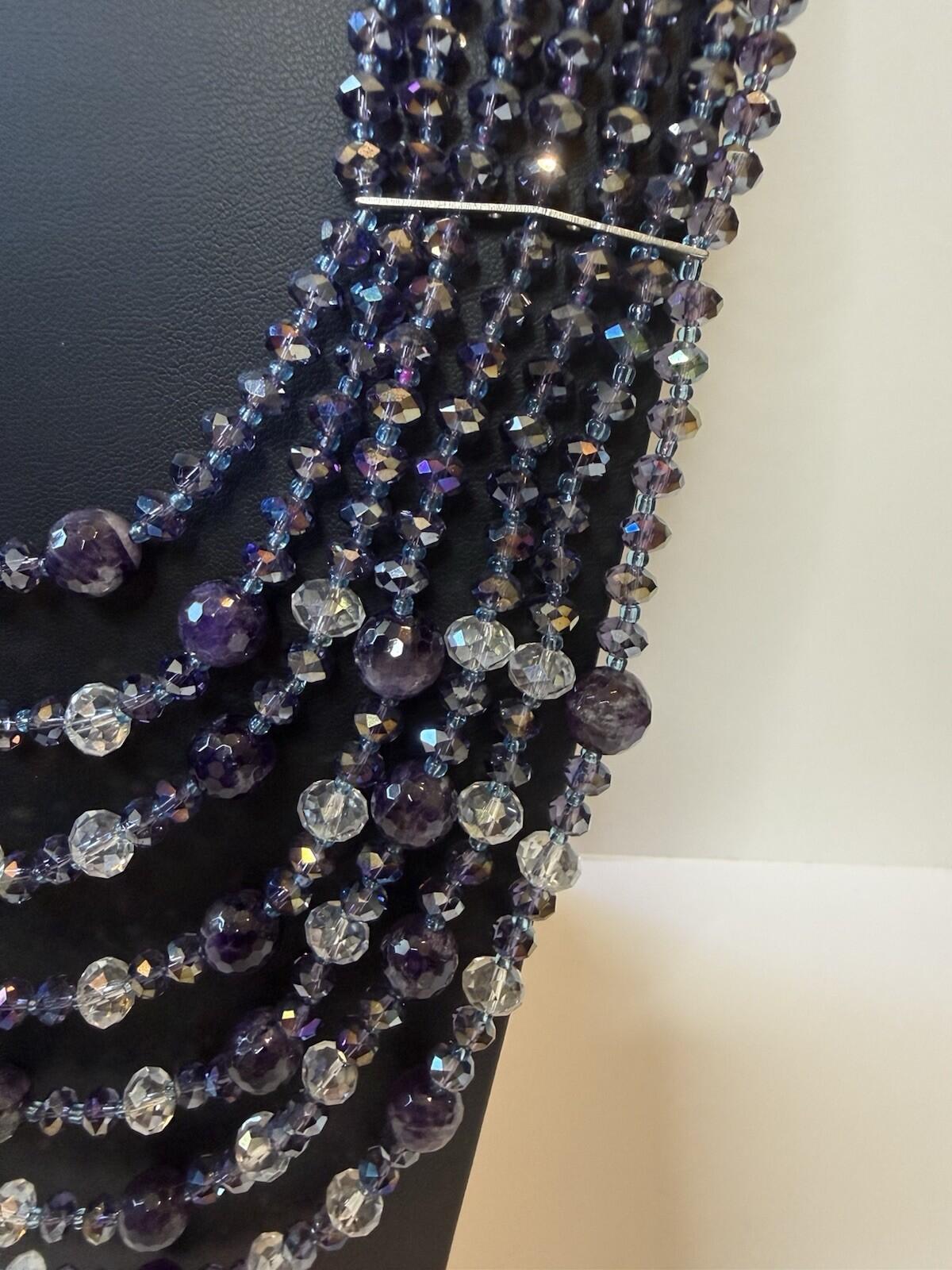 Signed NAKAMOL Thailand Amethyst Crystal Multi Strand Statement Necklace Boho