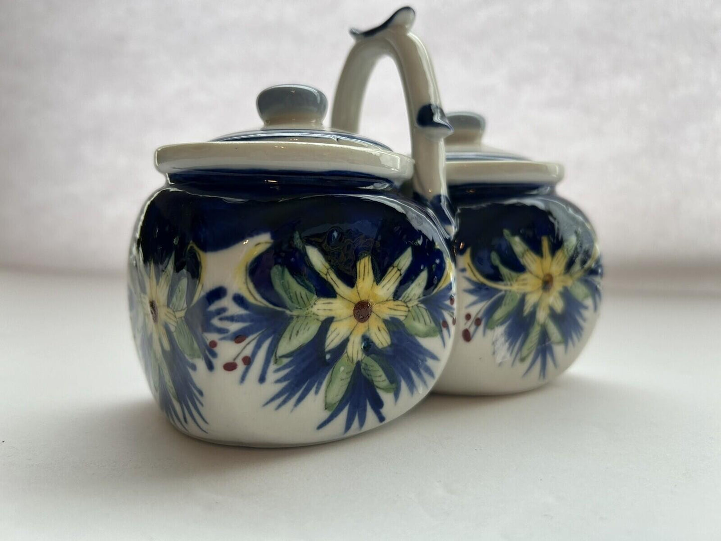 Ceramic Double Condiment Jar With Blue And Yellow Flowers