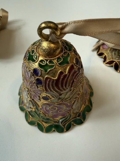 Vintage Mini Bell Ornaments Cloisonné Style Gold Enamel Floral Set of 4