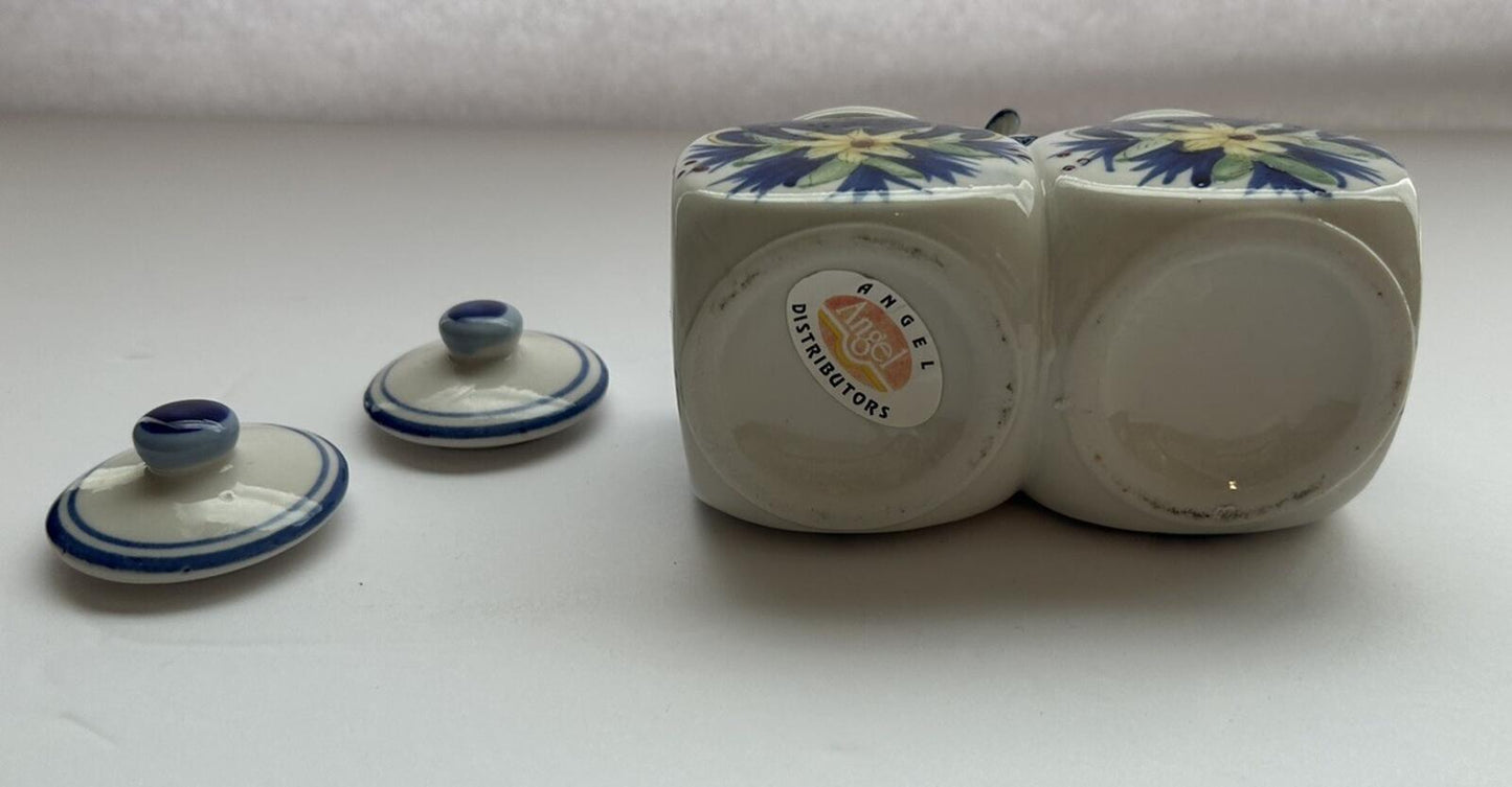 Ceramic Double Condiment Jar With Blue And Yellow Flowers