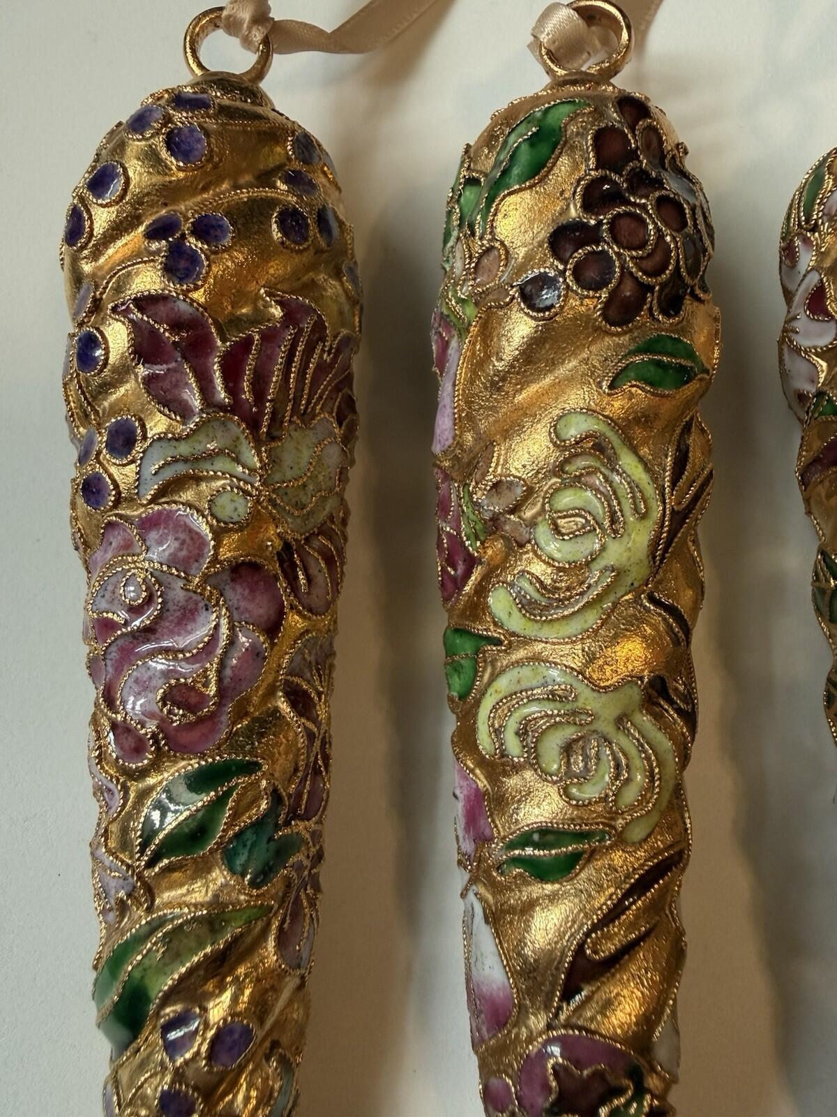 Vintage Cloisonné Style Christmas Ornaments Icicle Drop Set 5 Gold Enamel Floral
