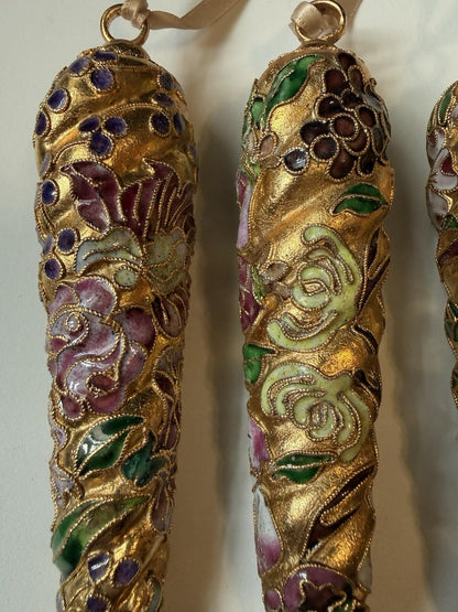 Vintage Cloisonné Style Christmas Ornaments Icicle Drop Set 5 Gold Enamel Floral