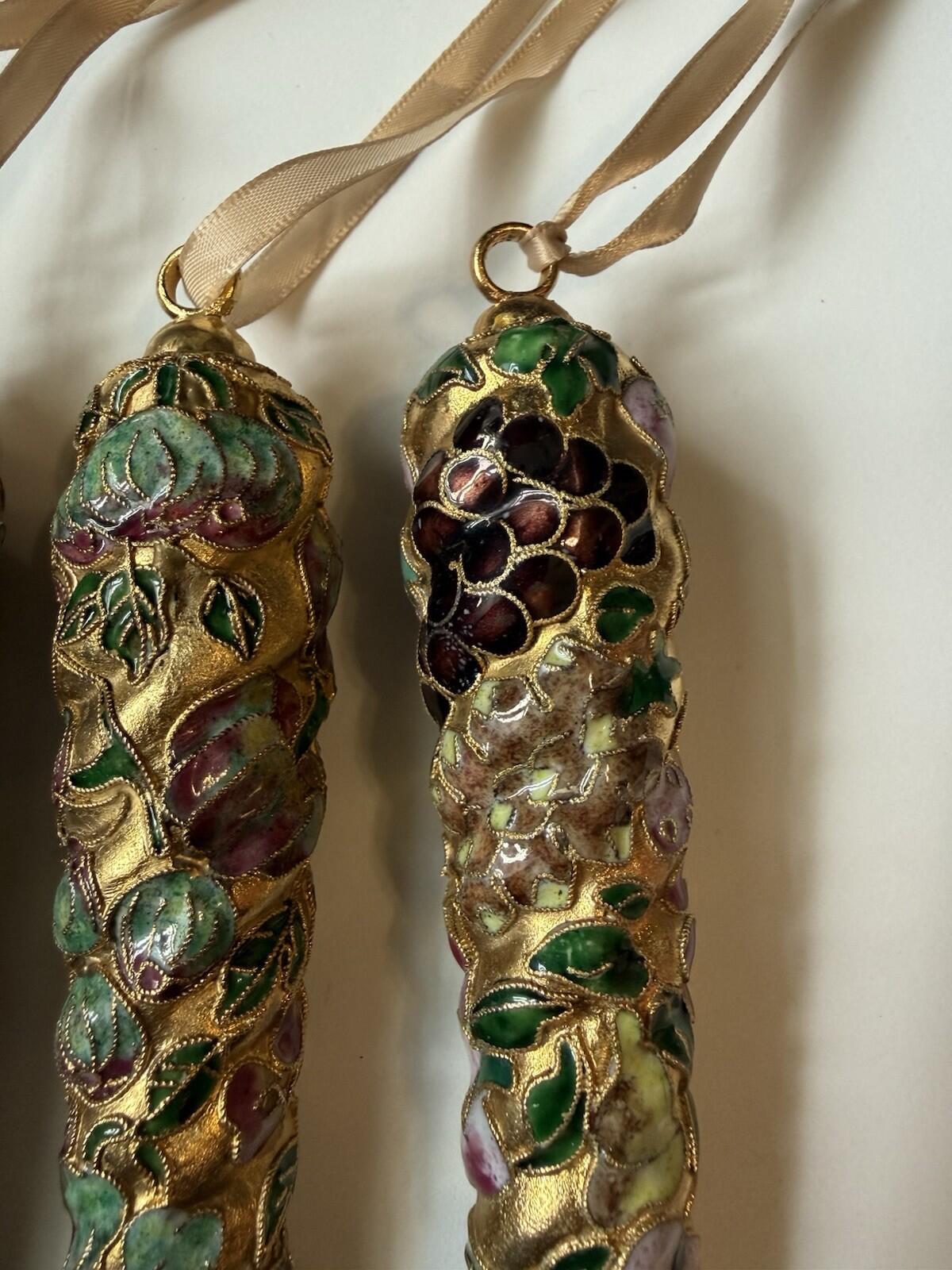 Vintage Cloisonné Style Christmas Ornaments Icicle Drop Set 5 Gold Enamel Floral