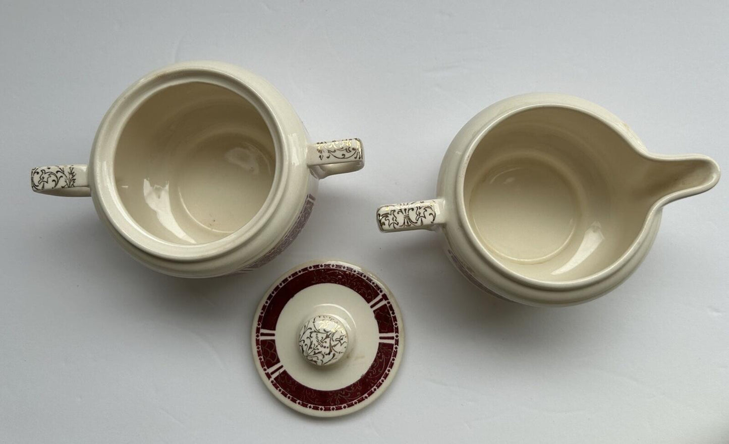 Homer Laughlin Piccadilly Creamer And Sugar-Maroon And Gold Edge, Floral Center