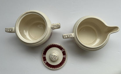 Homer Laughlin Piccadilly Creamer And Sugar-Maroon And Gold Edge, Floral Center