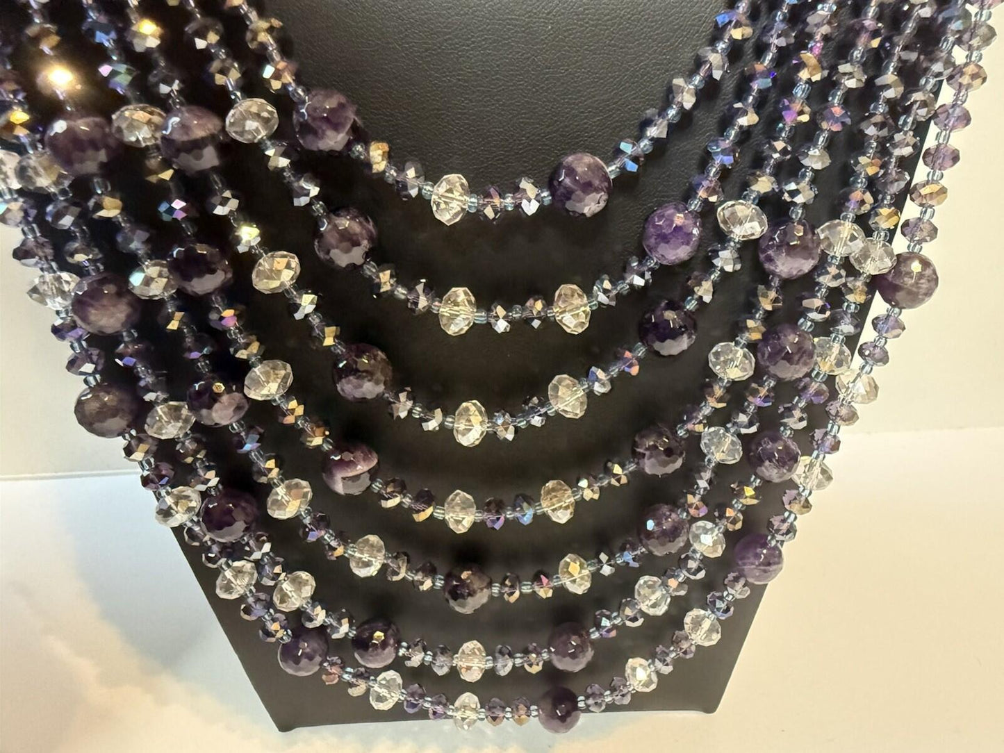 Signed NAKAMOL Thailand Amethyst Crystal Multi Strand Statement Necklace Boho