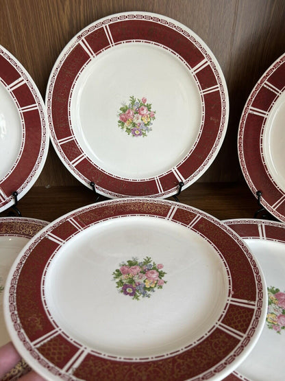 8 Homer Laughlin Piccadilly 7.5” Plates red rim gold floral center 1940s