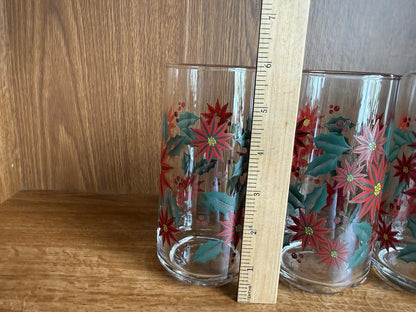 VINTAGE CHRISTMAS POINSETTIA TUMBLER/DRINKING HOLIDAY GLASSES SET OF 4