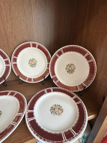 8 Homer Laughlin Piccadilly 7.5” Plates red rim gold floral center 1940s