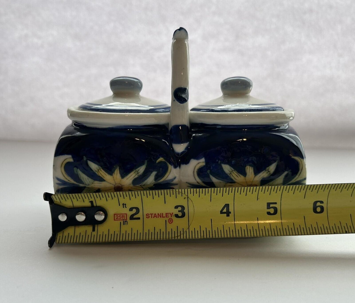 Ceramic Double Condiment Jar With Blue And Yellow Flowers