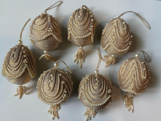 Elegant, Gold, Pearl Christmas Ornaments – Set Of 7 Vintage Style Holiday Decor