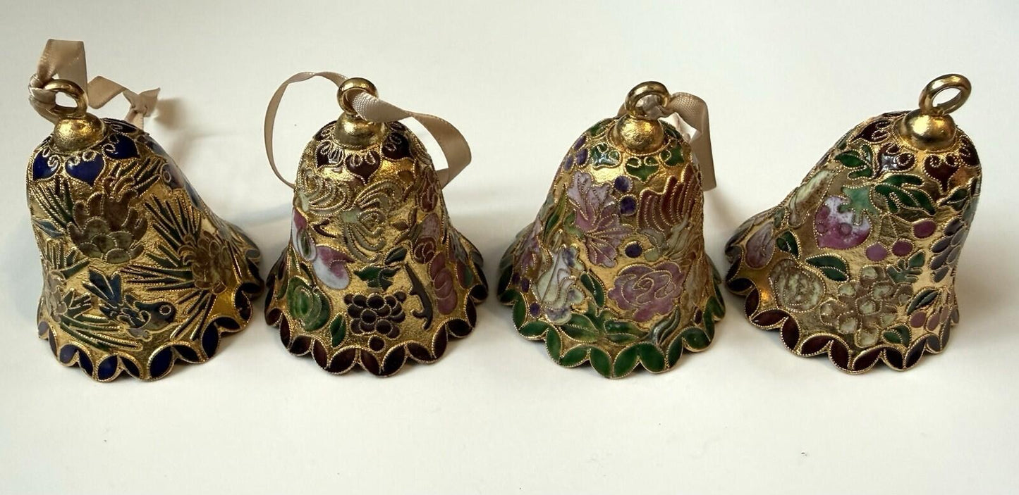 Vintage Mini Bell Ornaments Cloisonné Style Gold Enamel Floral Set of 4