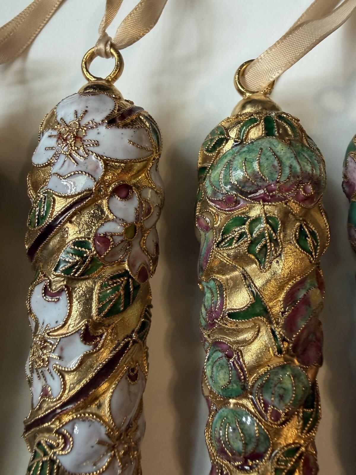 Vintage Cloisonné Style Christmas Ornaments Icicle Drop Set 5 Gold Enamel Floral